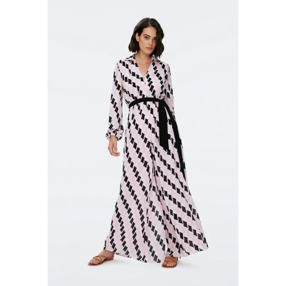 Diane Von Furstenenberg HIGOS Jumpsuit Pink Black White $558 Size Medium